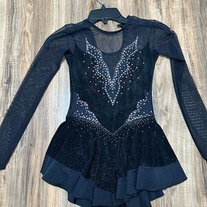 Black Women's Long-Sleeve Figure Skating Dress with Rhinestone Accents